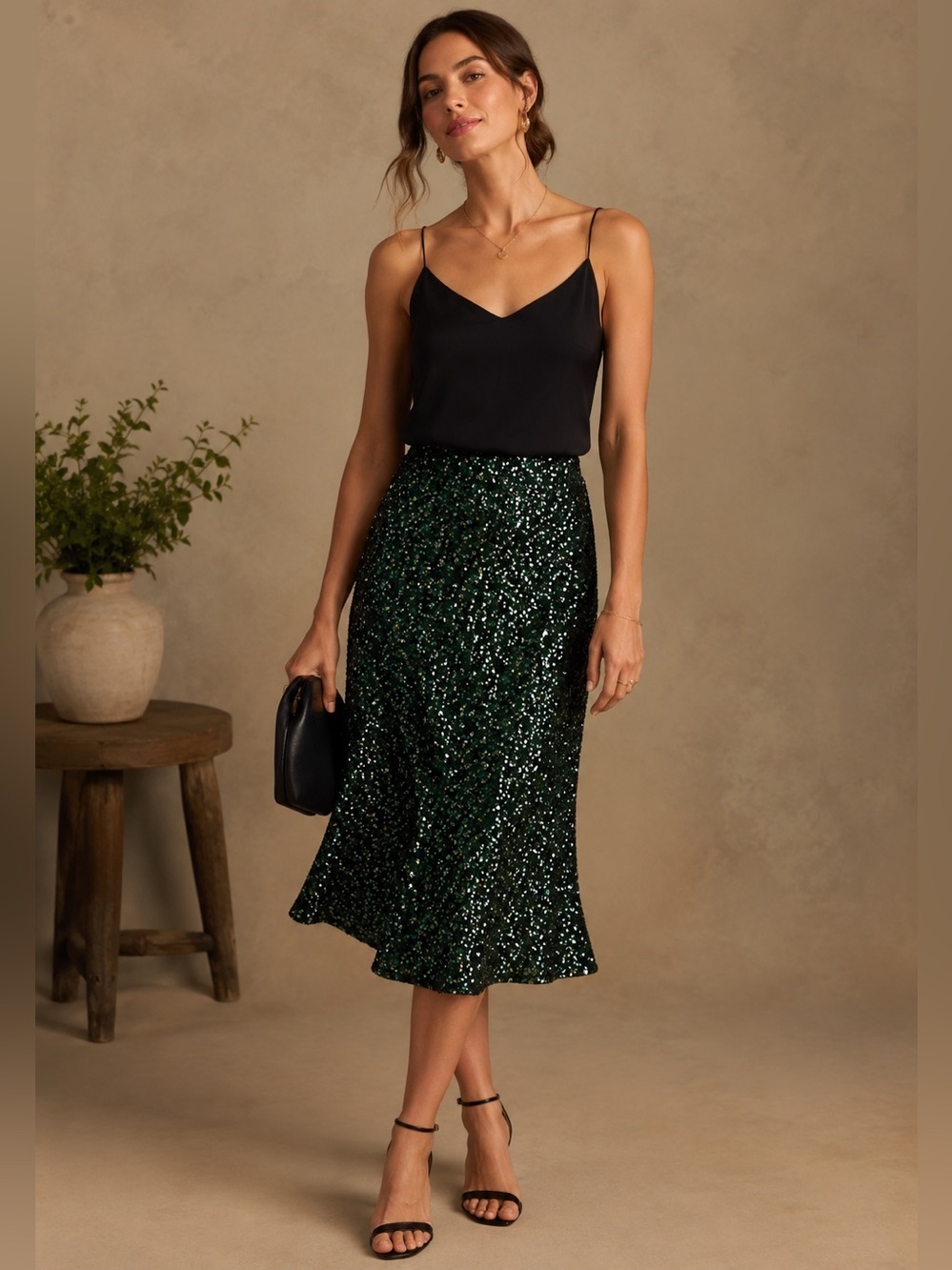 Rachel Parcell Emerald Iridescent Sequin Midi Skirt Glam Statement Piece Size S
